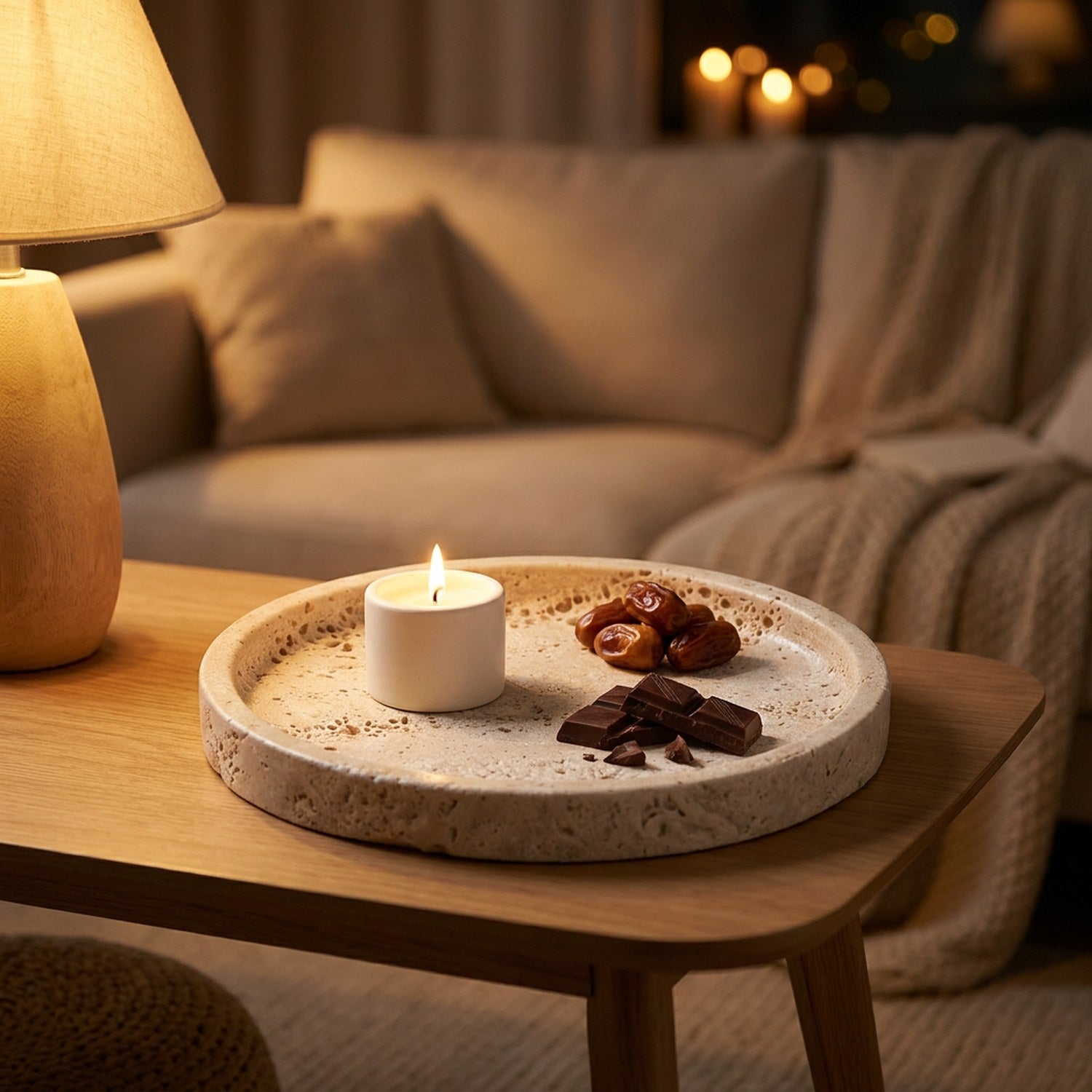 Plateau en pierre beige sur une table basse avec bougie et chocolats