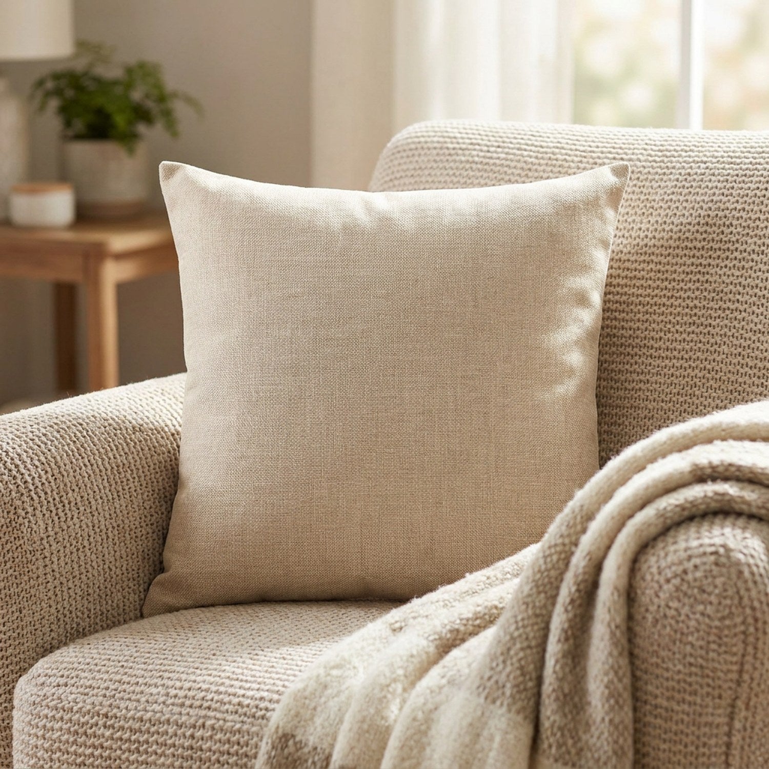 Housse de coussin beige posée sur un fauteuil douillet avec un plaid en laine à proximité