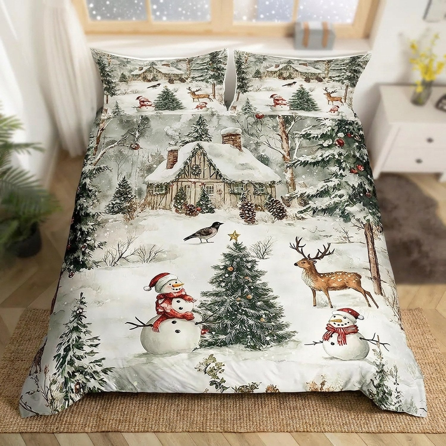 Parure de lit de Noël près d'une fenêtre avec neige tombant dehors