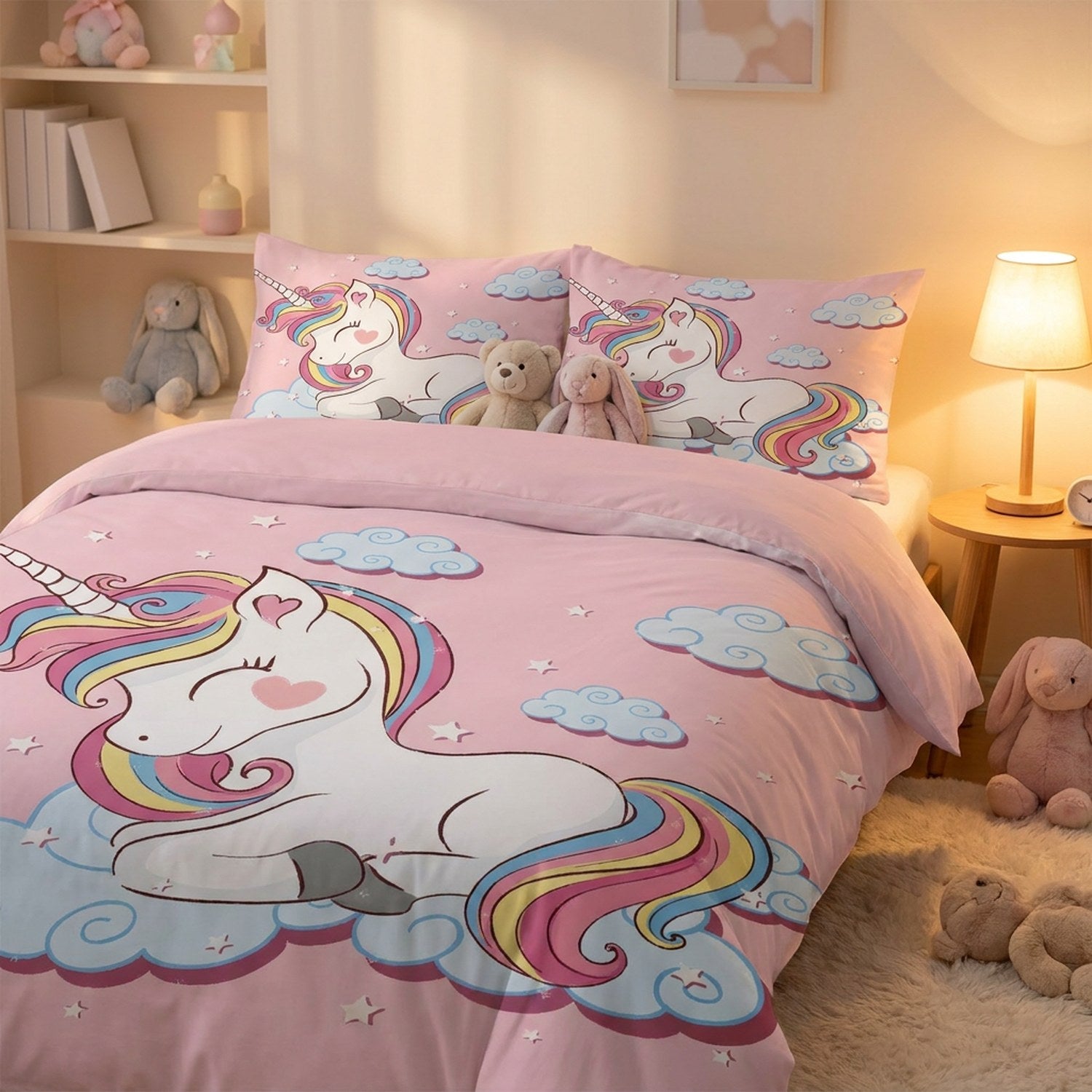 Parure licorne sur un lit dans une chambre pastel le soir avec veilleuse et peluches