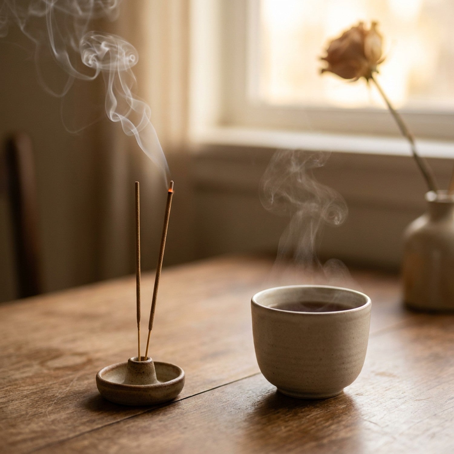 Bâtons d'encens japonais fumant à côté d'une tasse de thé sur une table en bois