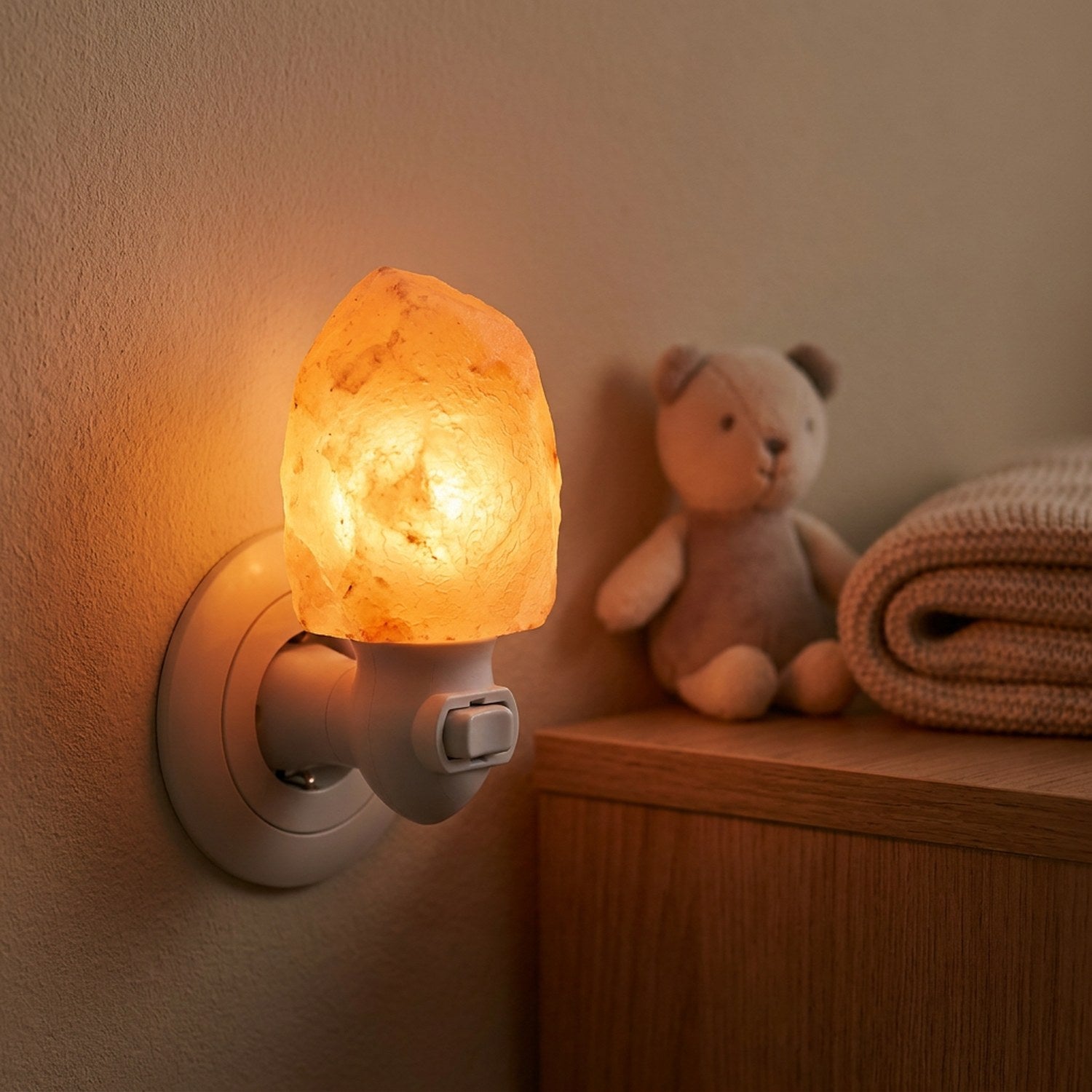 Veilleuse de sel de l'Himalaya branchée dans une chambre d'enfant avec une peluche