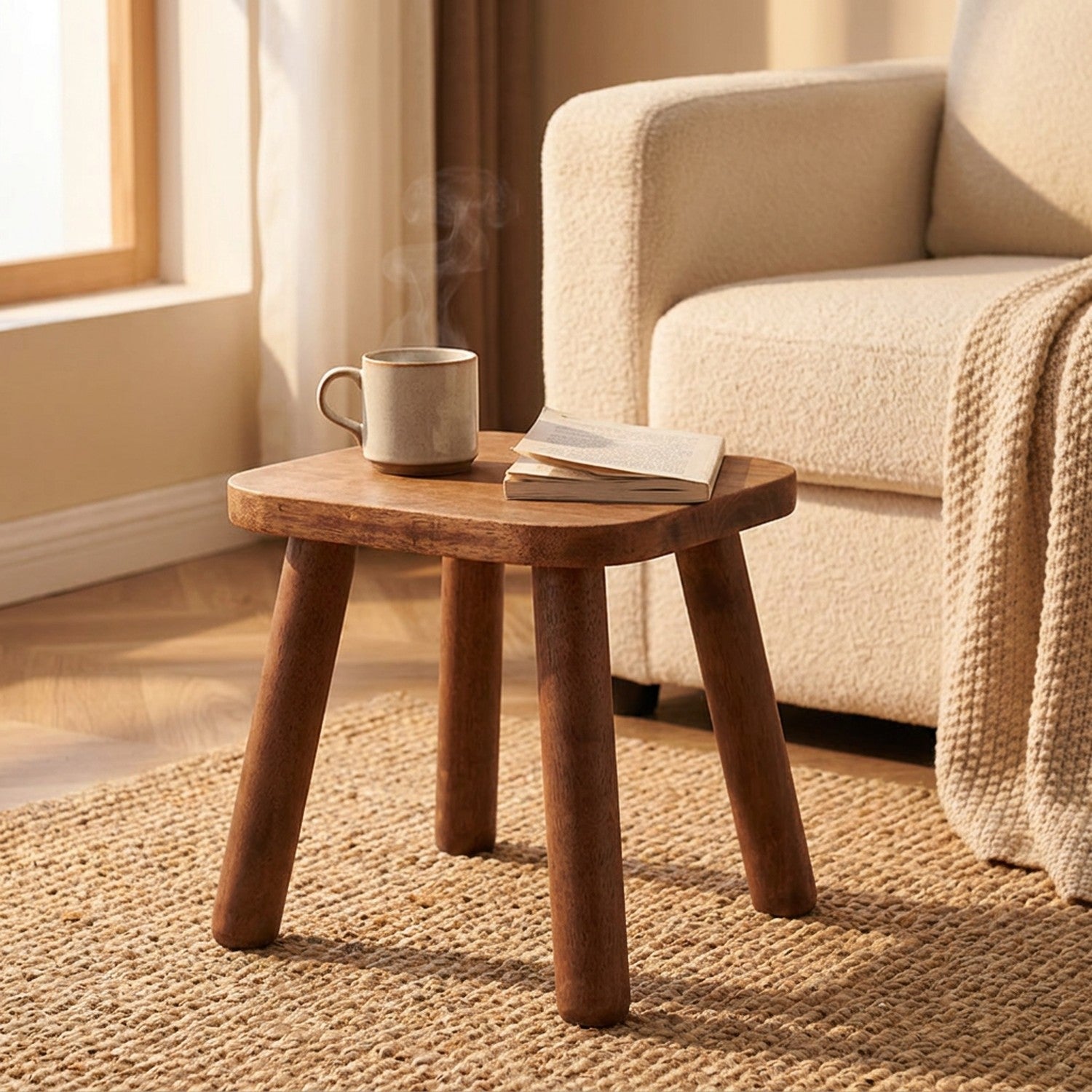 Tabouret en bois massif comme bout de canapé avec une tasse et un livre