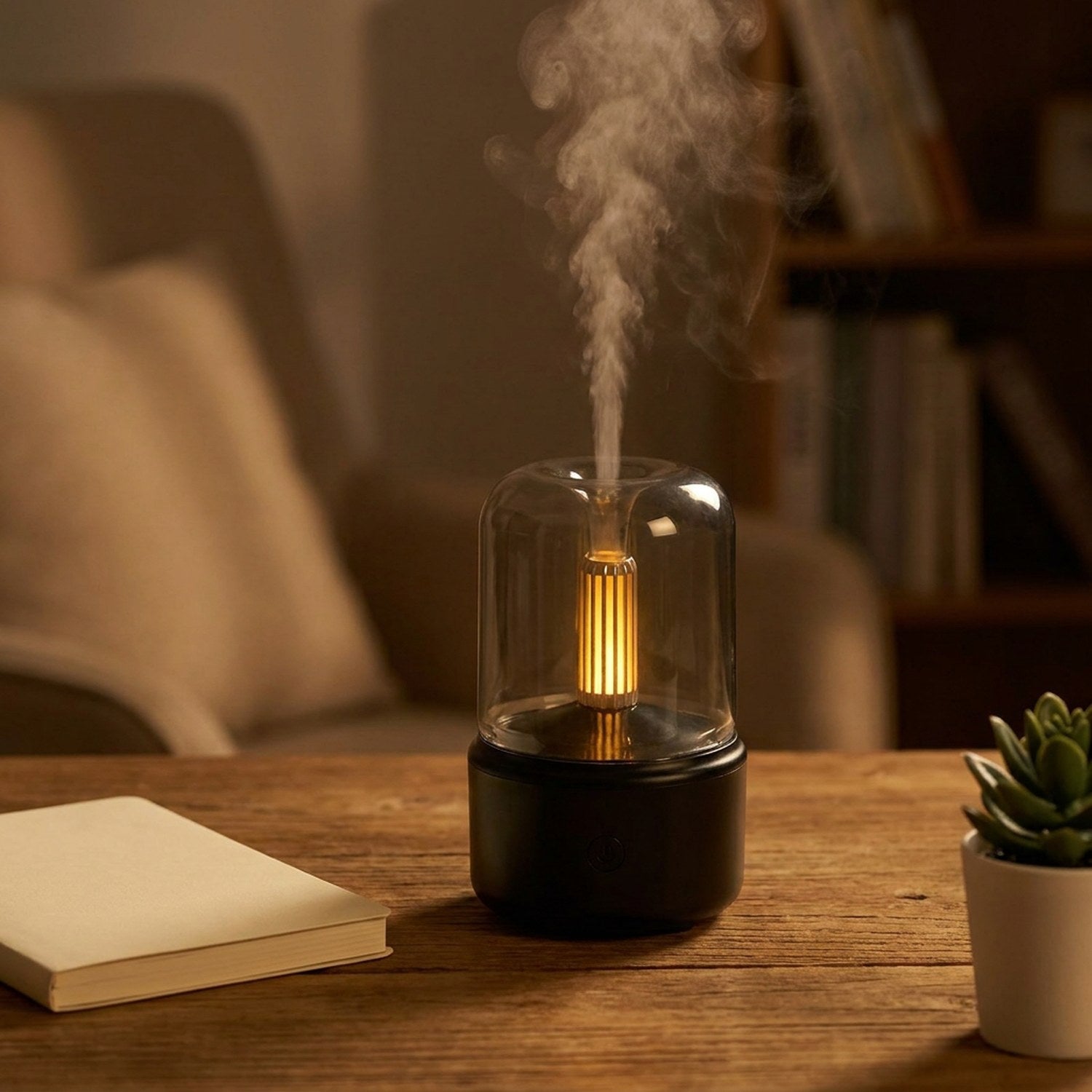 Diffuseur d'huile essentielle effet flamme sur un bureau avec un carnet et une plante