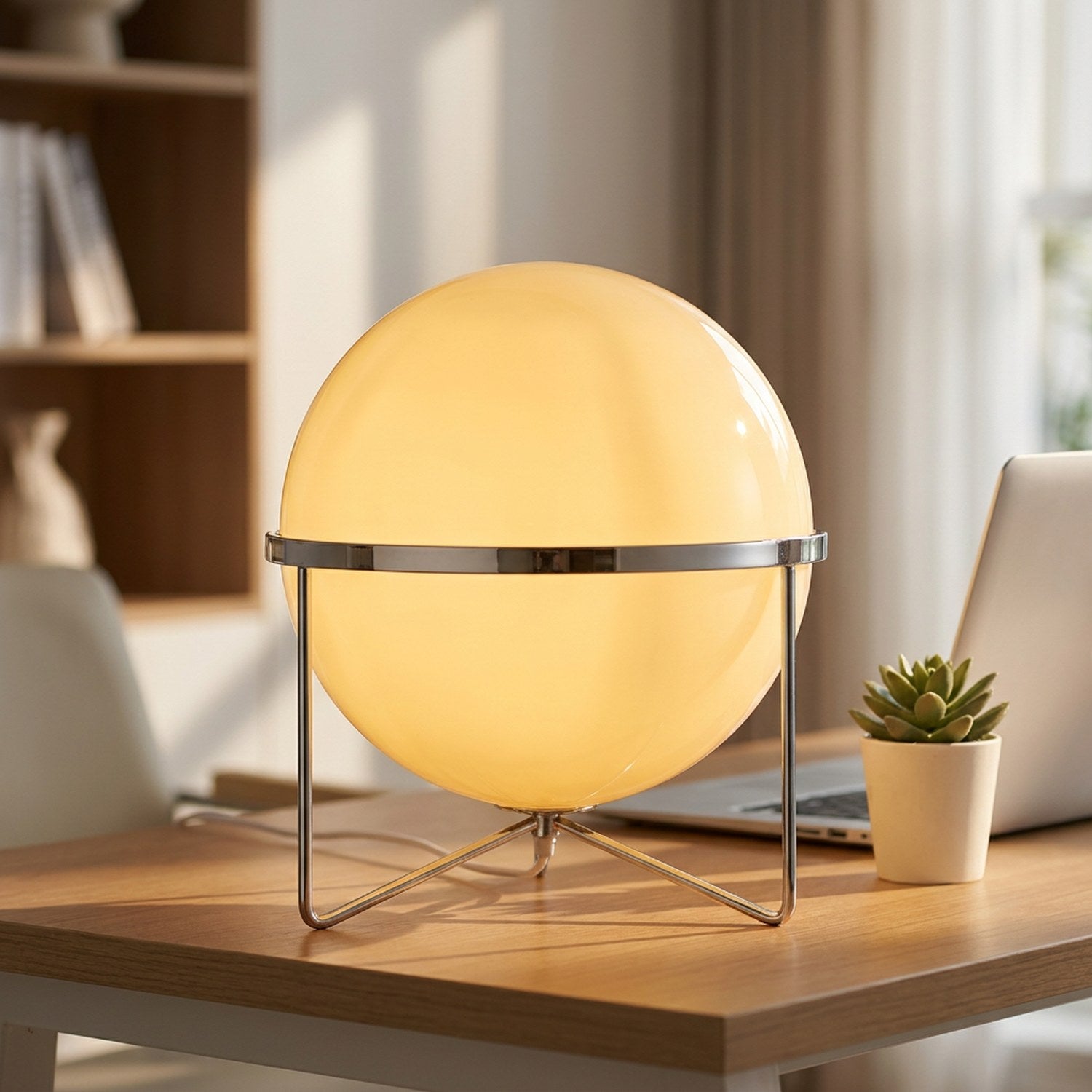 Petite lampe boule sur trépied chromé posée sur un bureau lumineux