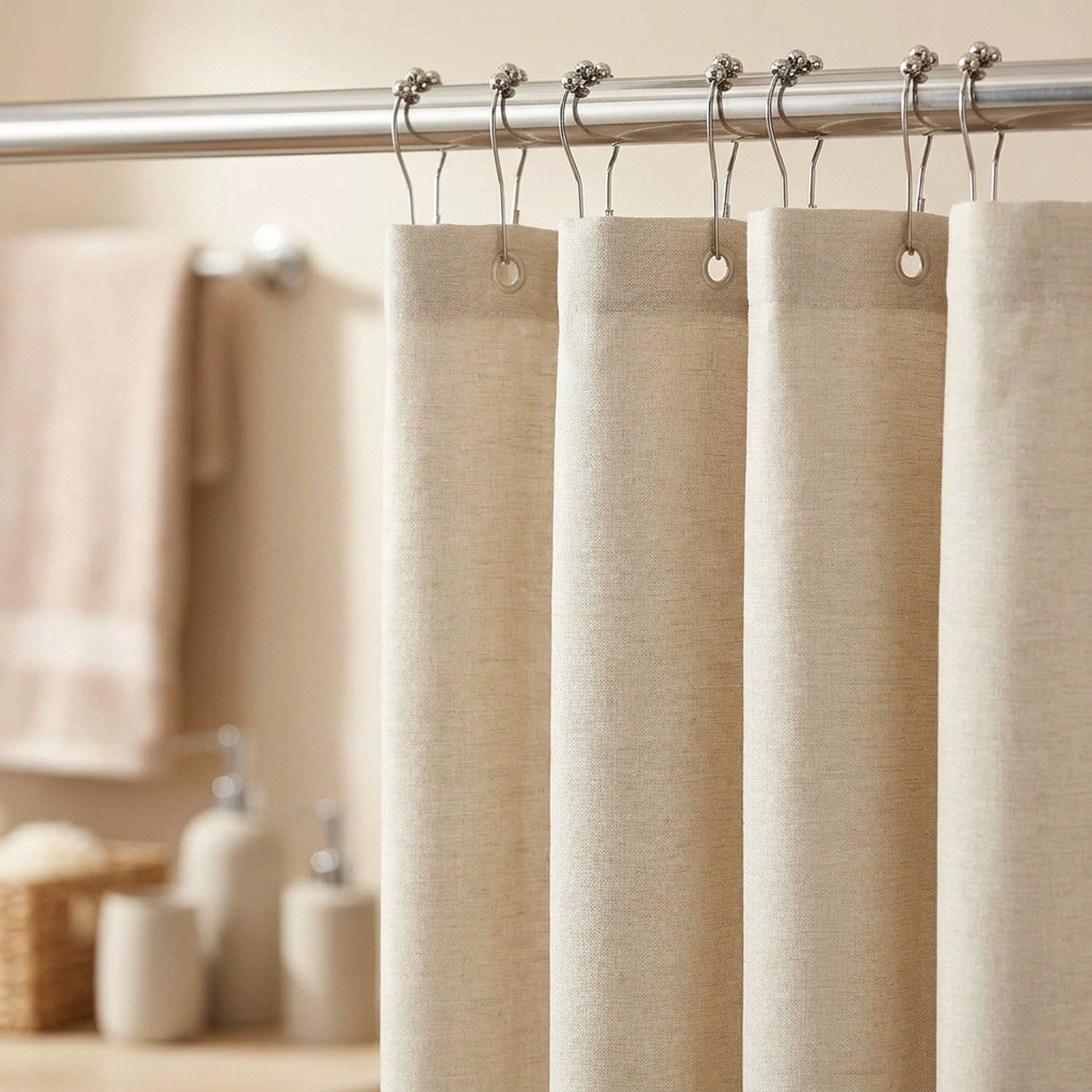 Gros plan sur la texture lin et les crochets en métal argenté du rideau de douche