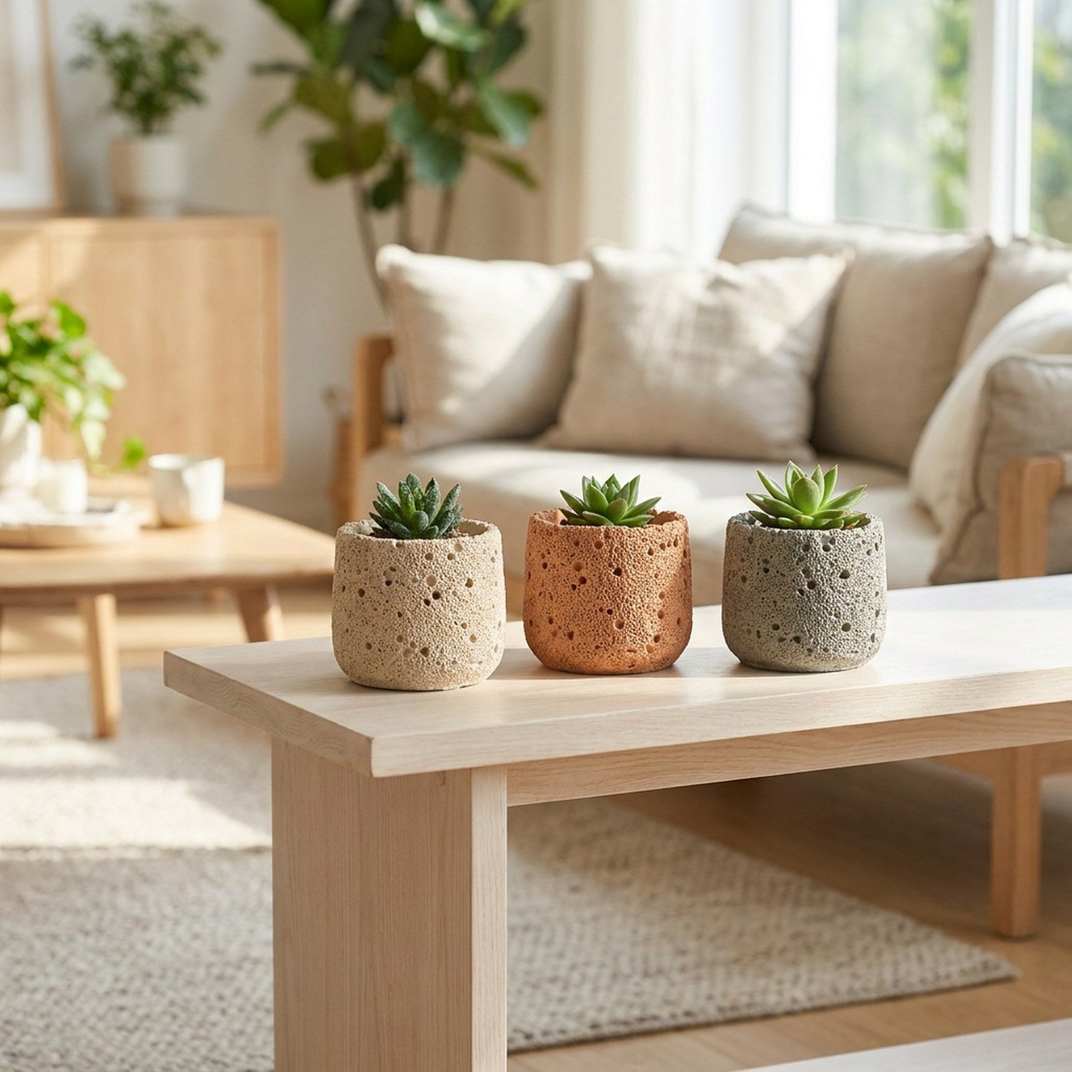 Trois cache-pots en ciment beige terracotta et gris alignés sur une console en bois