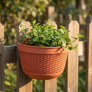 Pot de fleurs mural terracotta accroché à une clôture de jardin avec une plante verte