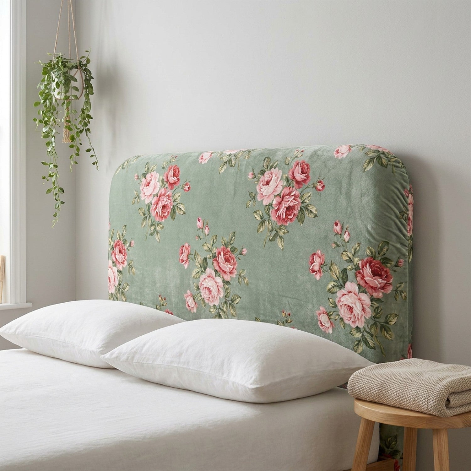 Housse de tête de lit velours à roses dans une chambre scandinave avec oreillers blancs et plante suspendue