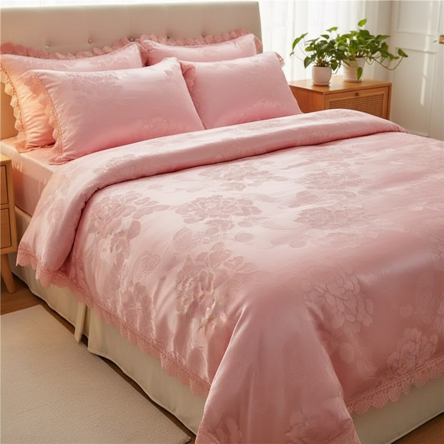 Détail du couvre-lit rose en satin et de sa bordure en dentelle festonnée dans une chambre lumineuse