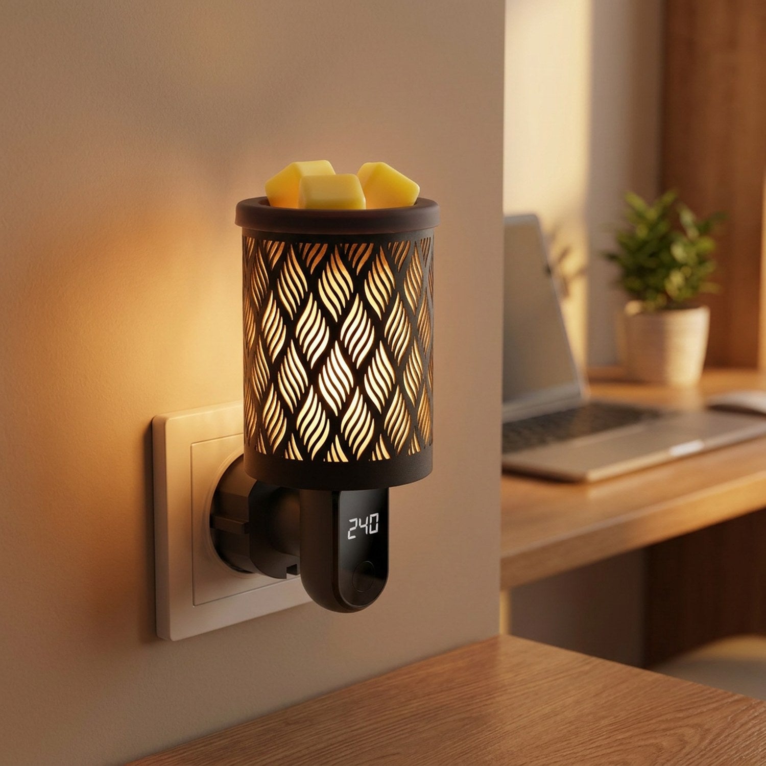 Brûle-parfum électrique branché dans un coin bureau cosy avec un ordinateur portable