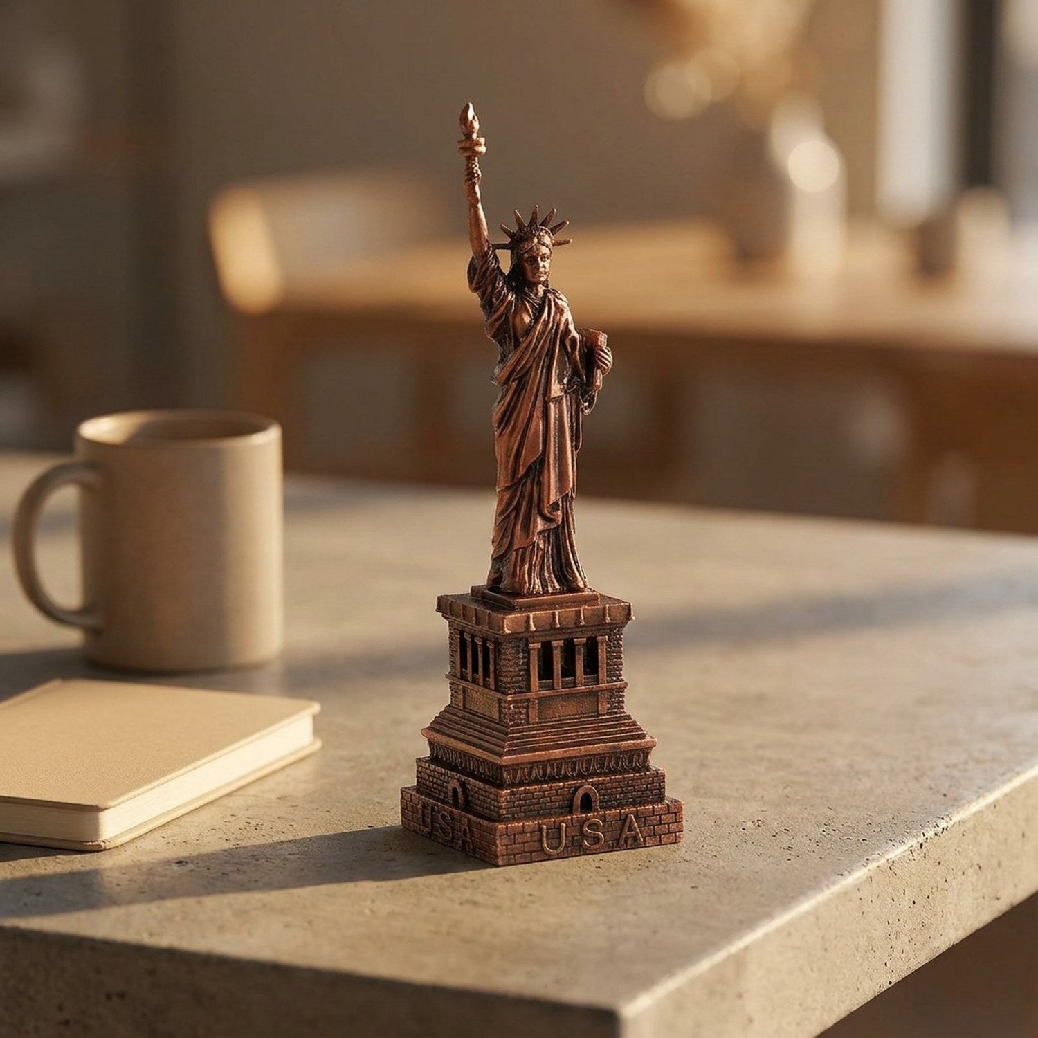 Statuette de la Liberté en bronze vintage sur un bureau en béton avec carnet et tasse neutre