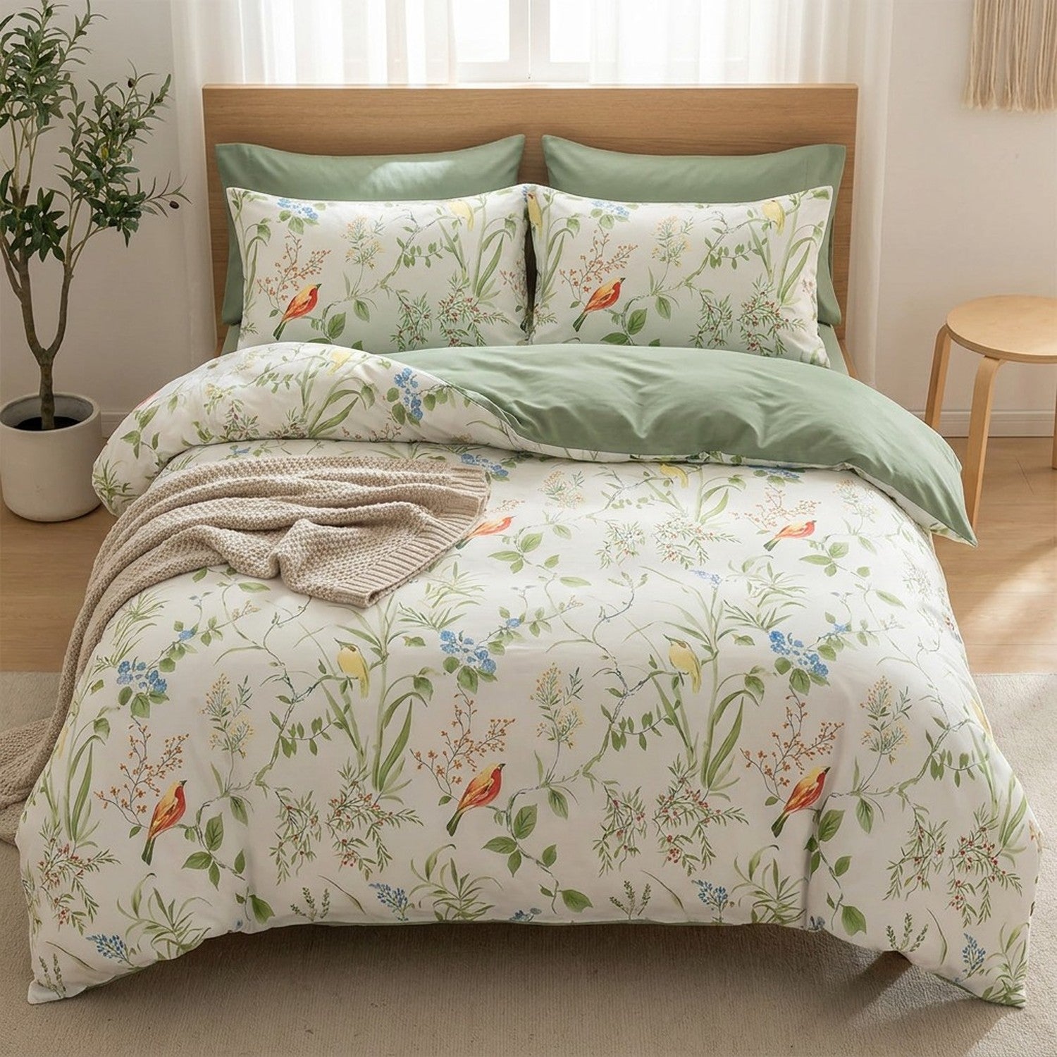 Parure de lit fleurie sur un lit avec tête de lit en bois dans une chambre naturelle