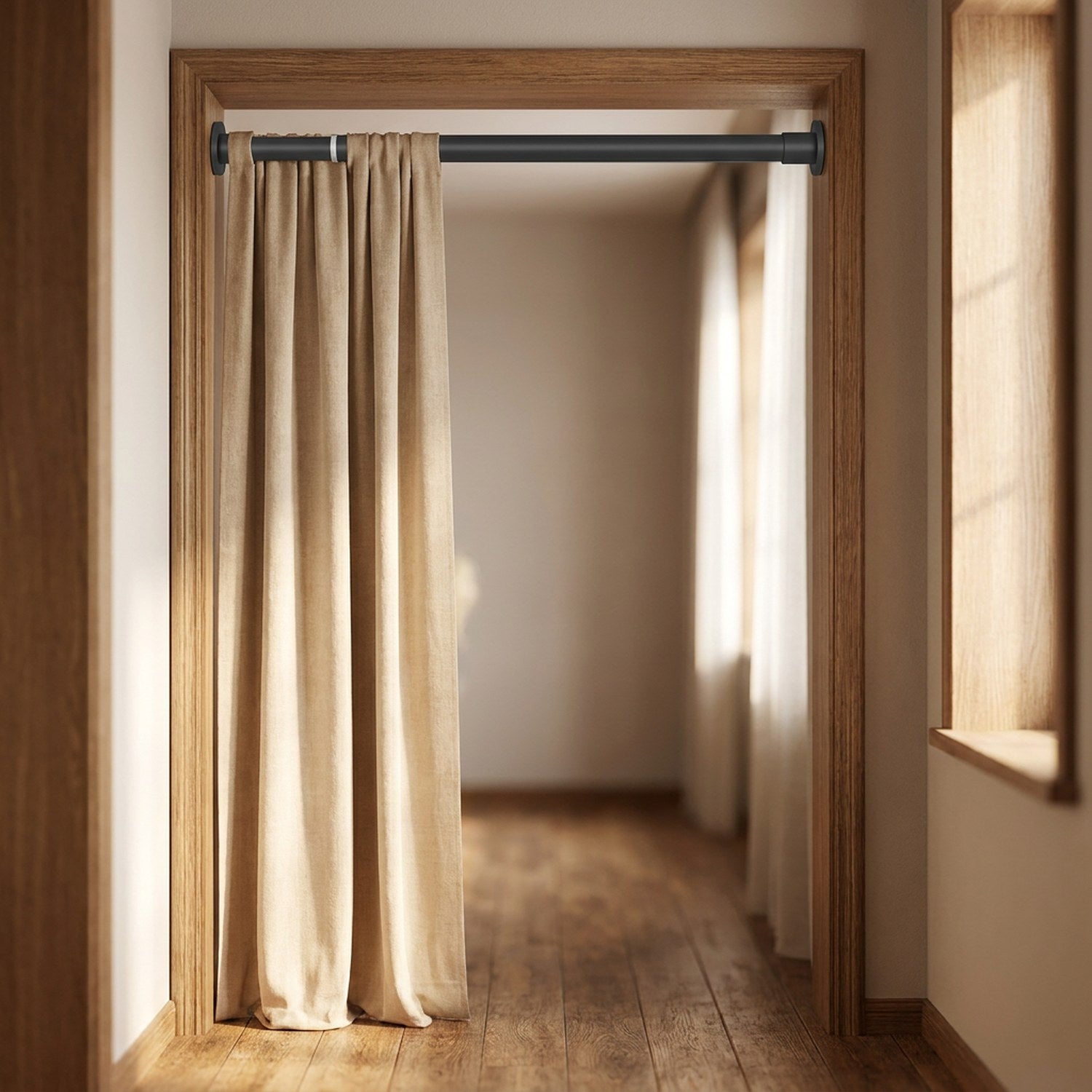 Tringle à rideau noire au dessus d'une porte avec rideau beige dans un couloir