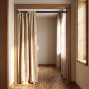 Tringle à rideau noire au dessus d'une porte avec rideau beige dans un couloir