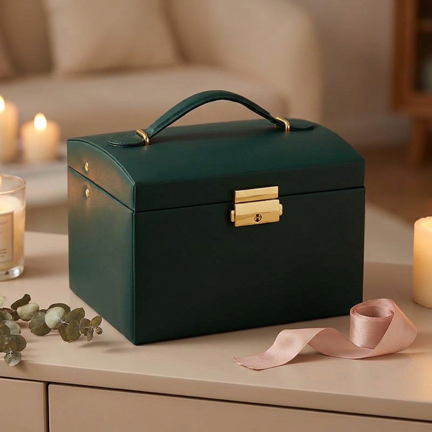 Boîte à bijoux vert foncé fermée présentée comme un cadeau avec ruban