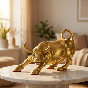 Statue taureau doré sur une table en marbre baignée de lumière dorée