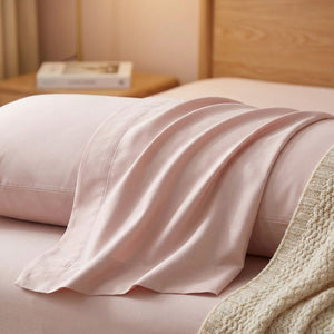 Gros plan sur la taie d'oreiller longue en coton sateen rose au drape soyeux