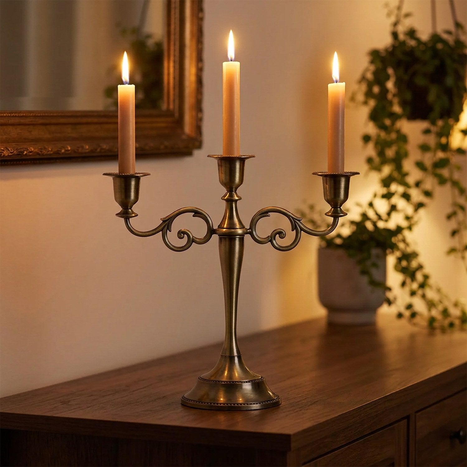Chandelier 3 branches en bronze sur une console en bois avec bougies allumées dans un intérieur chaleureux