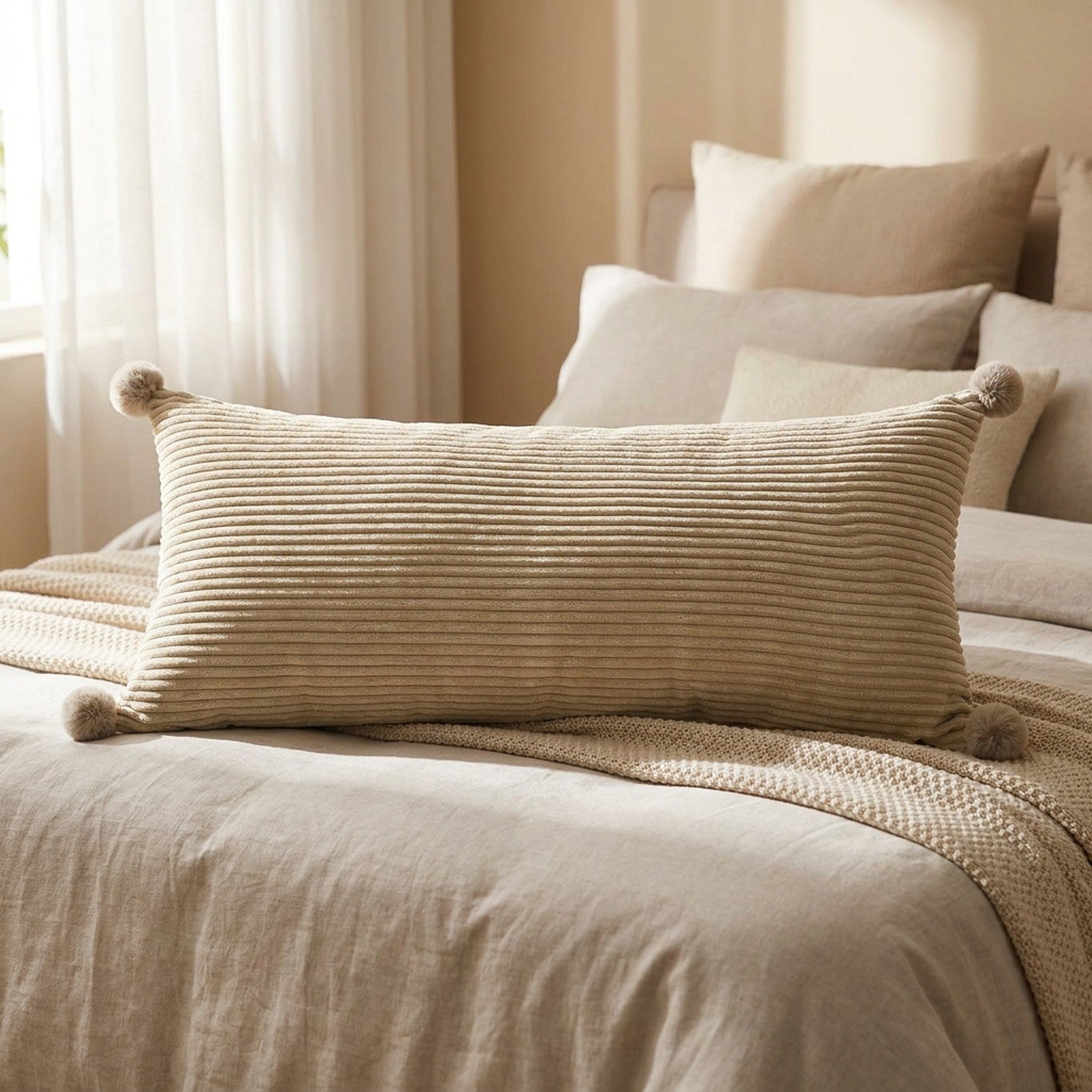 Coussin long en velours côtelé beige sur un lit près d'une fenêtre lumineuse