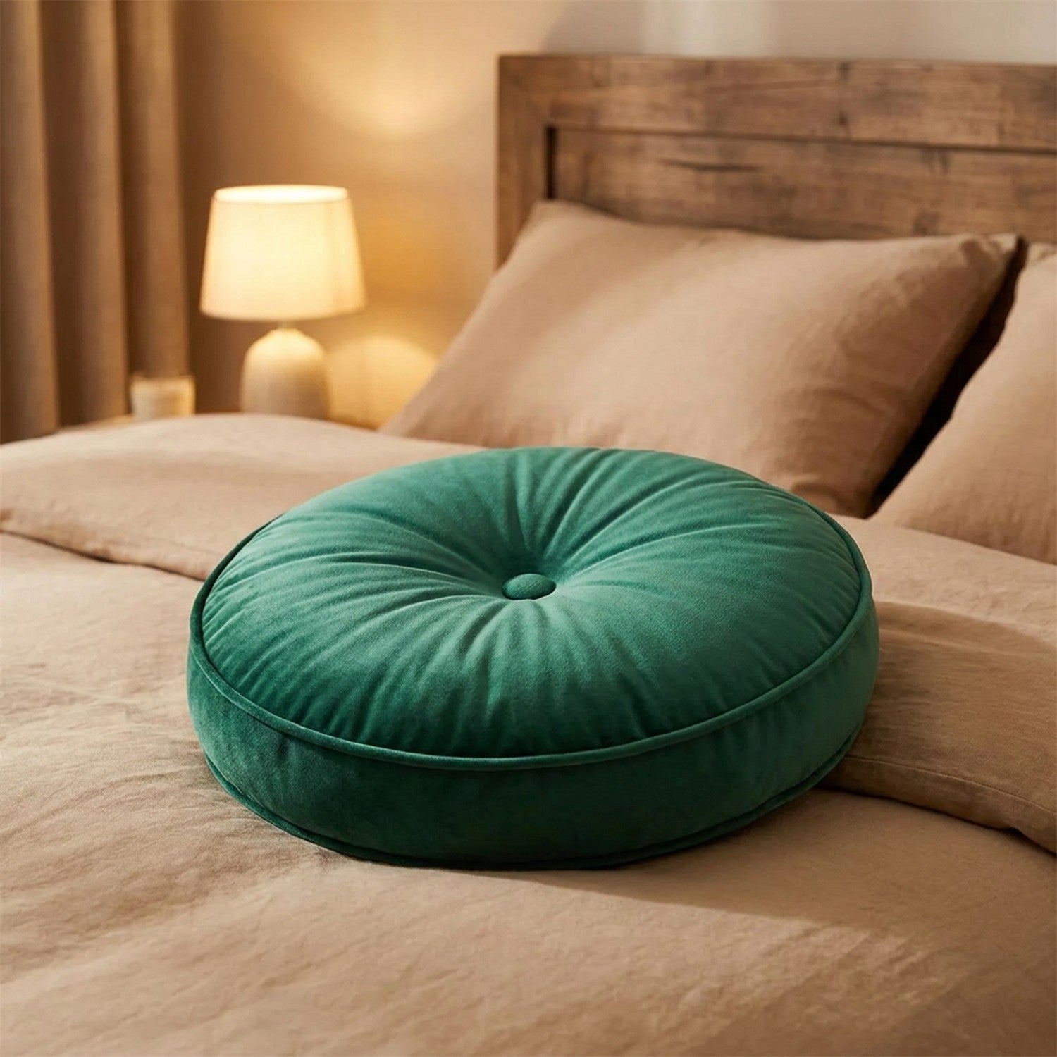 Coussin rond en velours vert émeraude sur un lit avec tête de lit en bois