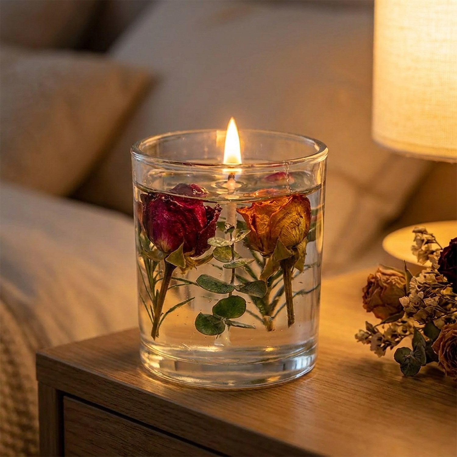 Bougie parfumée allumée sur une table de chevet près d'une lampe chaleureuse