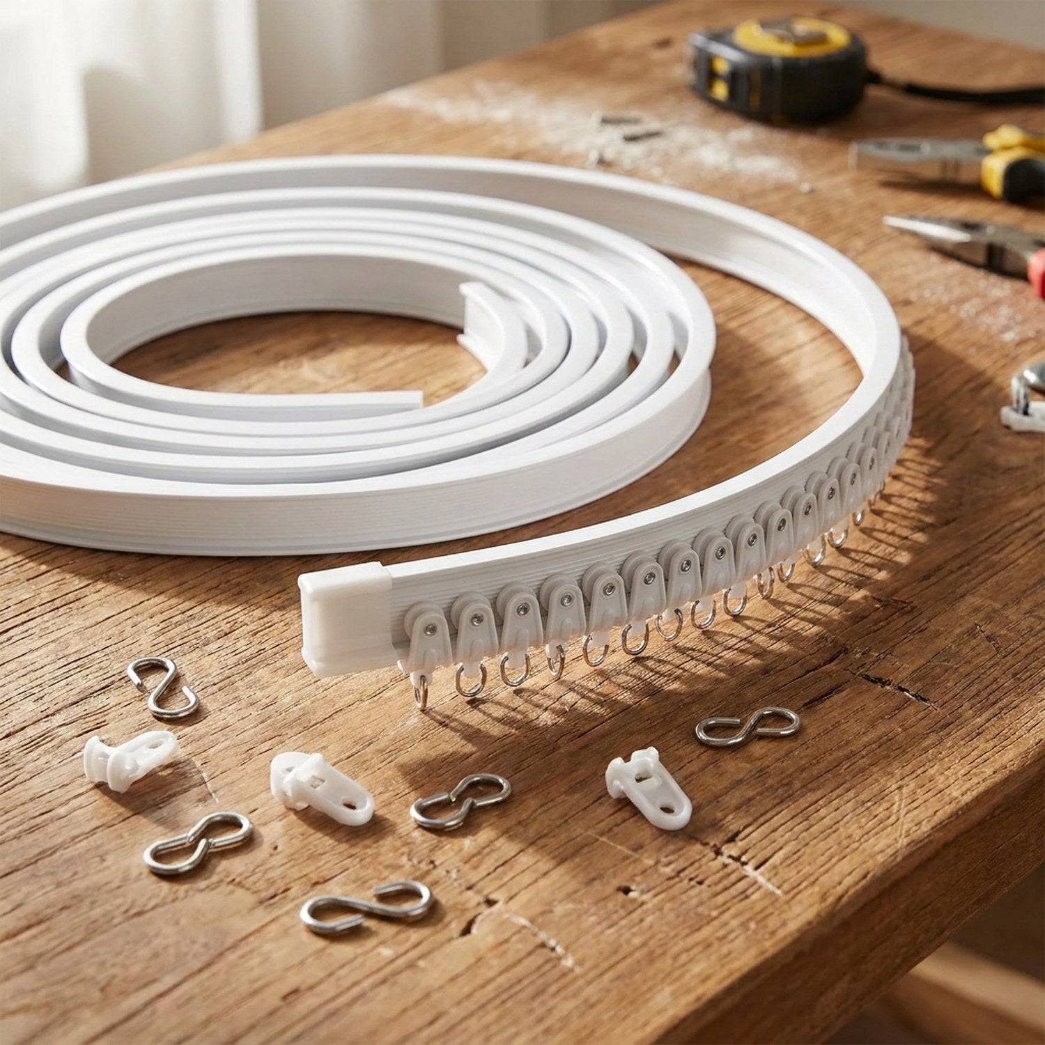 Rail de rideau flexible enroulé avec crochets et outils sur table en bois