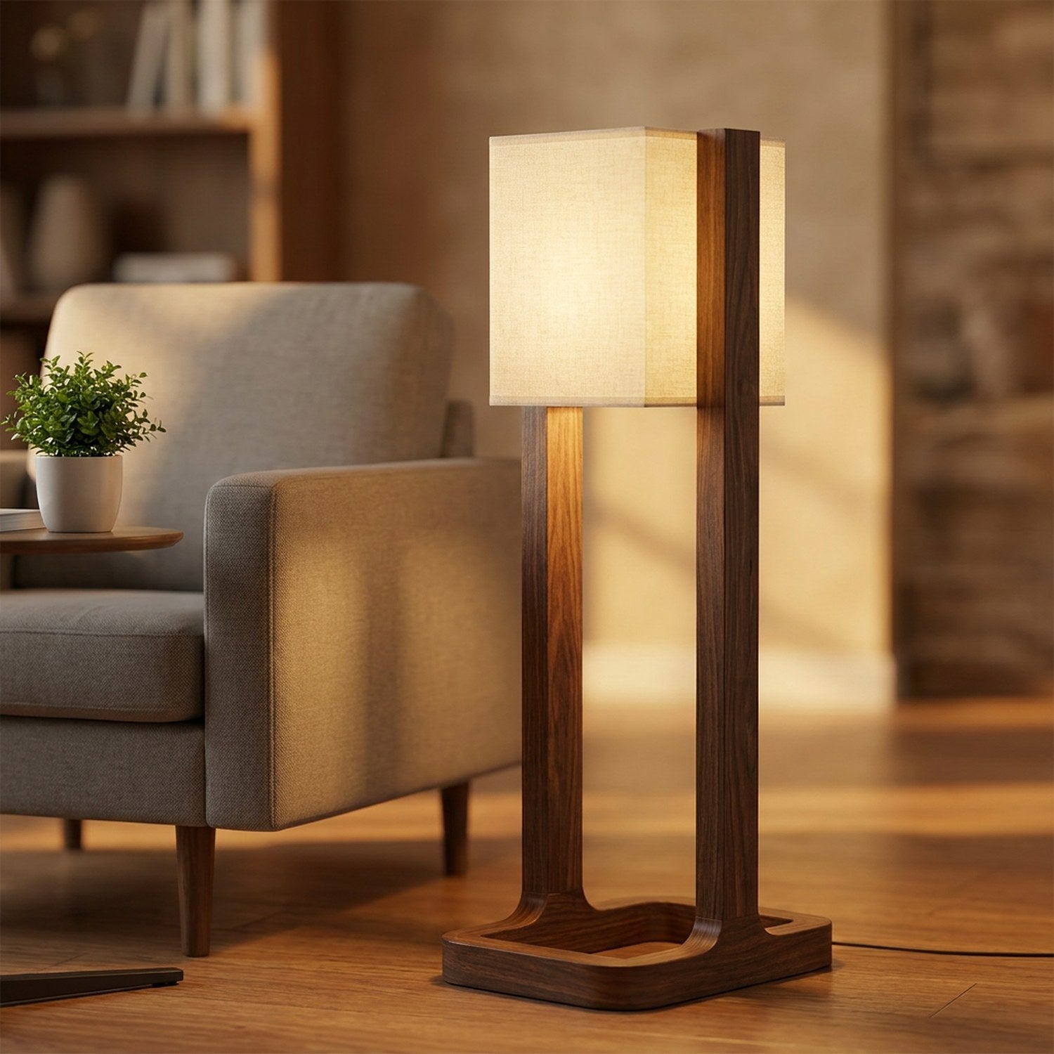 Lampadaire japonais en bois noyer allumé dans un coin lecture avec une plante