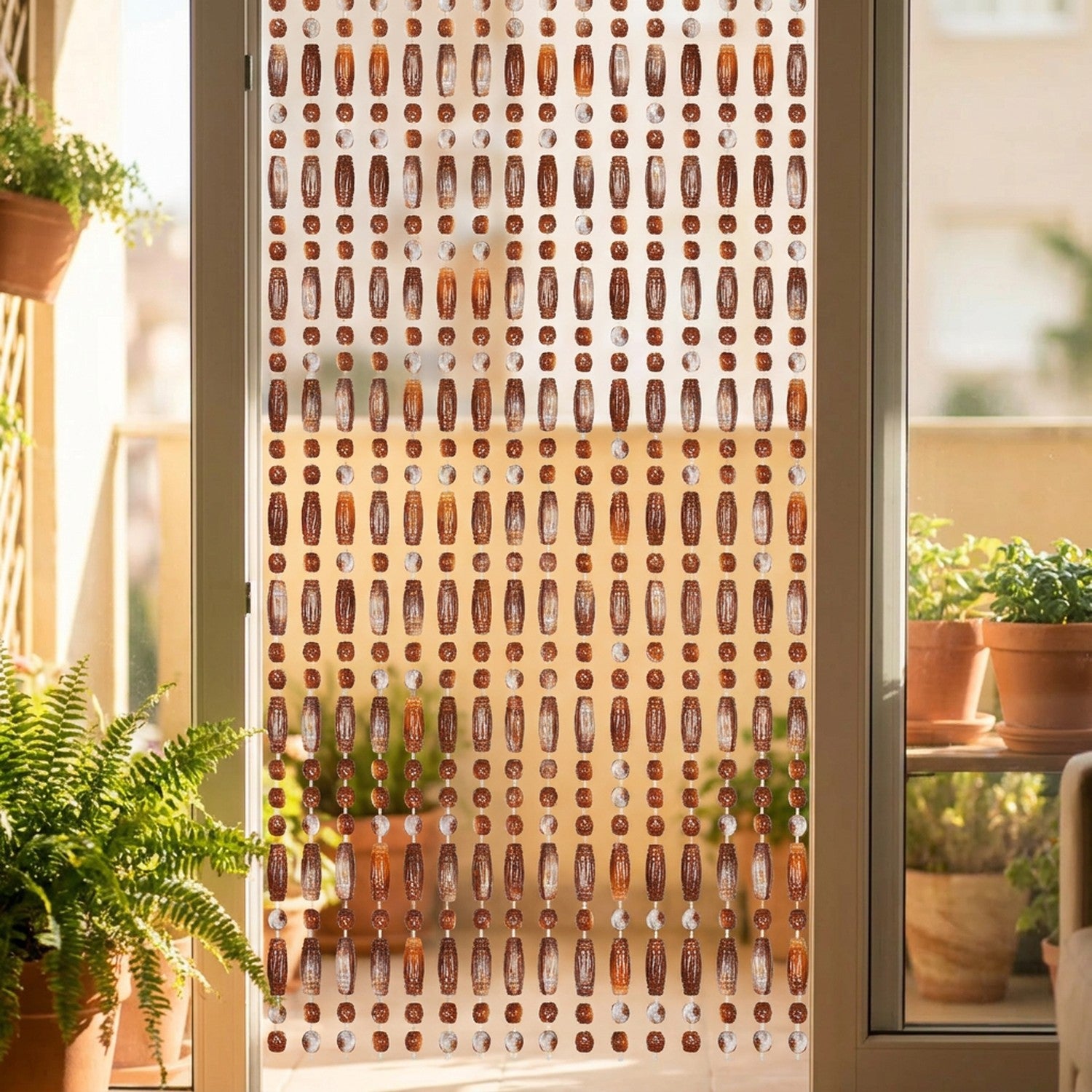 Rideau de perles ambrées devant une porte donnant sur un balcon ensoleillé