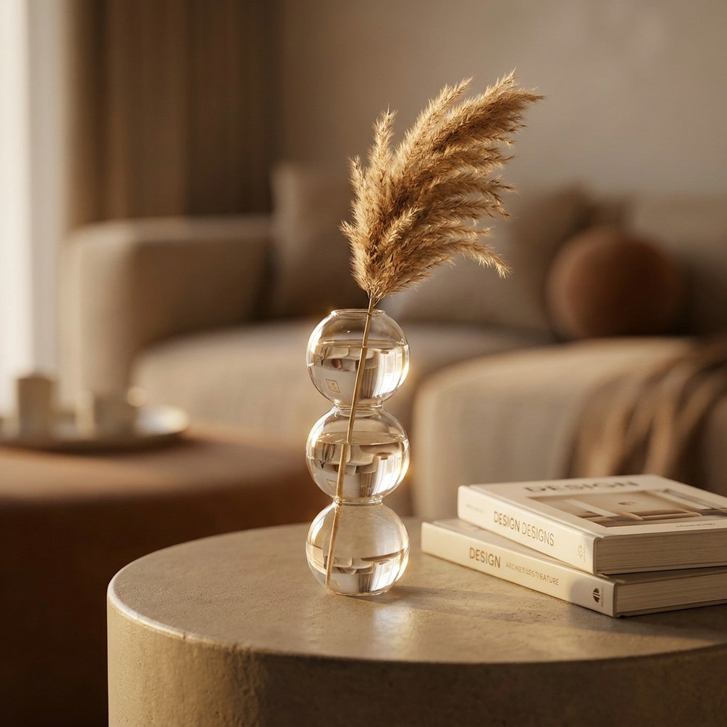 Vase en verre à bulles avec une tige de pampa sur une table en lumière dorée