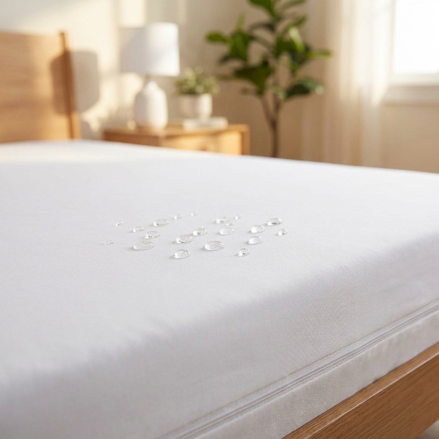 Gouttes d'eau perlant sur la surface imperméable du protège-matelas