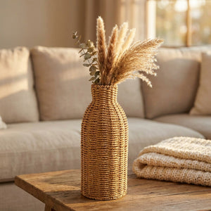 Vase en rotin tressé sur une table basse rustique avec un plaid et un canapé