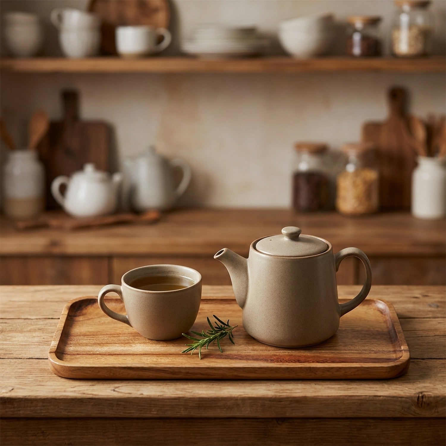 Plateau en bois d'acacia avec une théière et une tasse de thé sur un plan de travail de cuisine