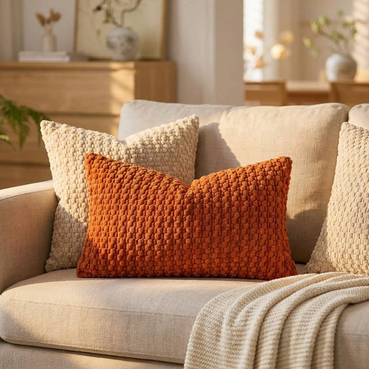 housse de coussin en maille texturée terracotta sur un canapé en lin avec plaid