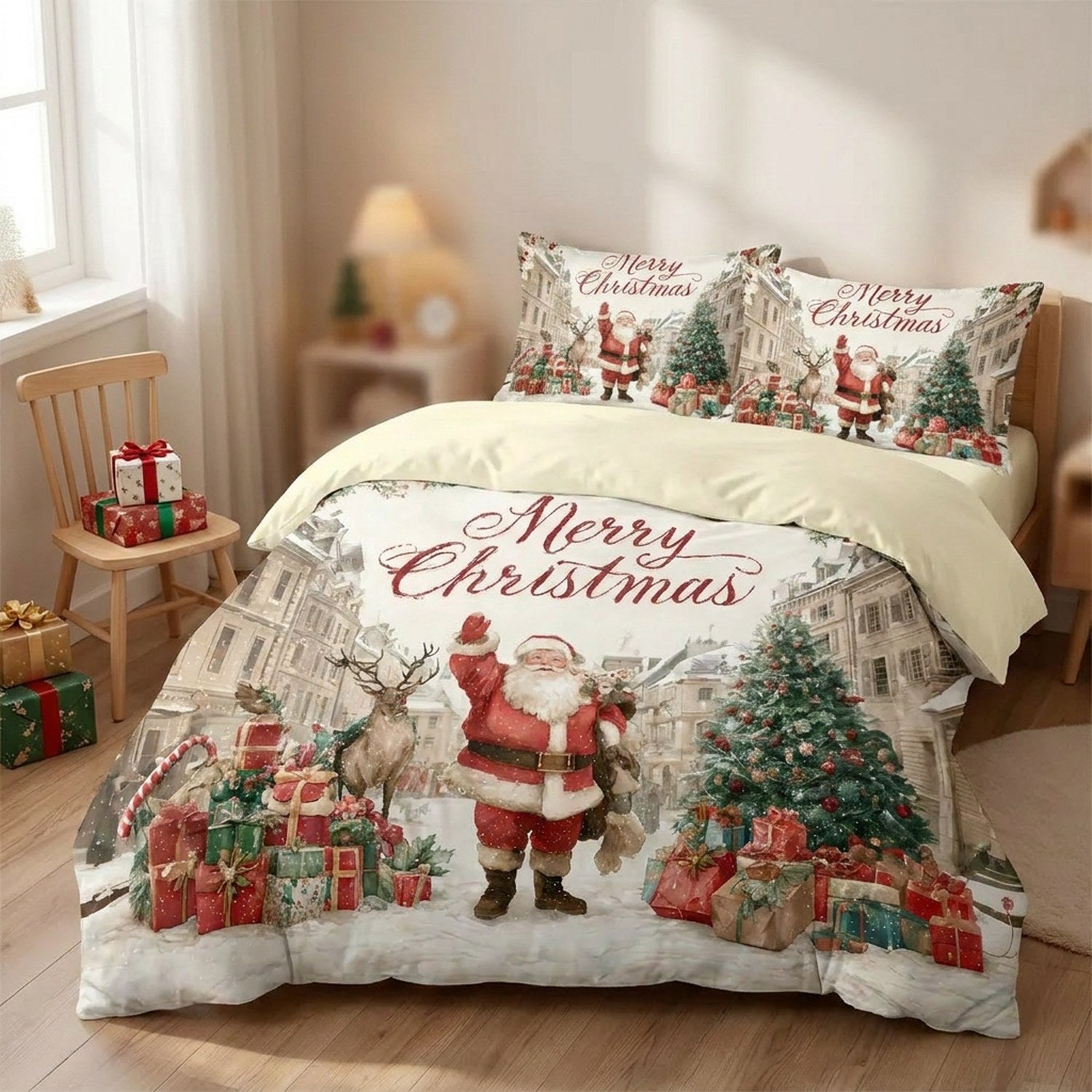 Housse de couette Père Noël dans une chambre chaleureuse avec chaise en bois et cadeaux