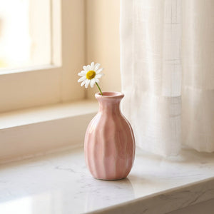 Gros plan d'un vase soliflore côtelé rose avec une fleur près d'une fenêtre