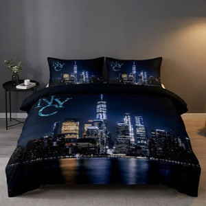 Parure de lit skyline new-yorkais dans une chambre minimaliste aux murs gris