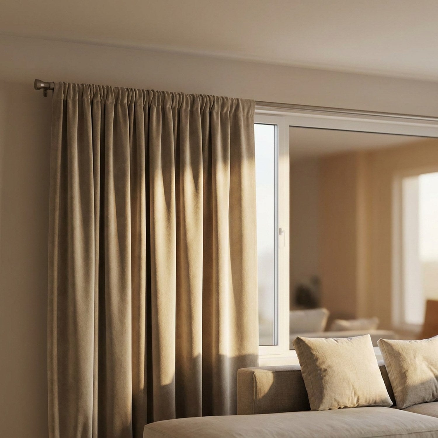 Détail des plis du rideau en velours beige près d'une fenêtre de salon