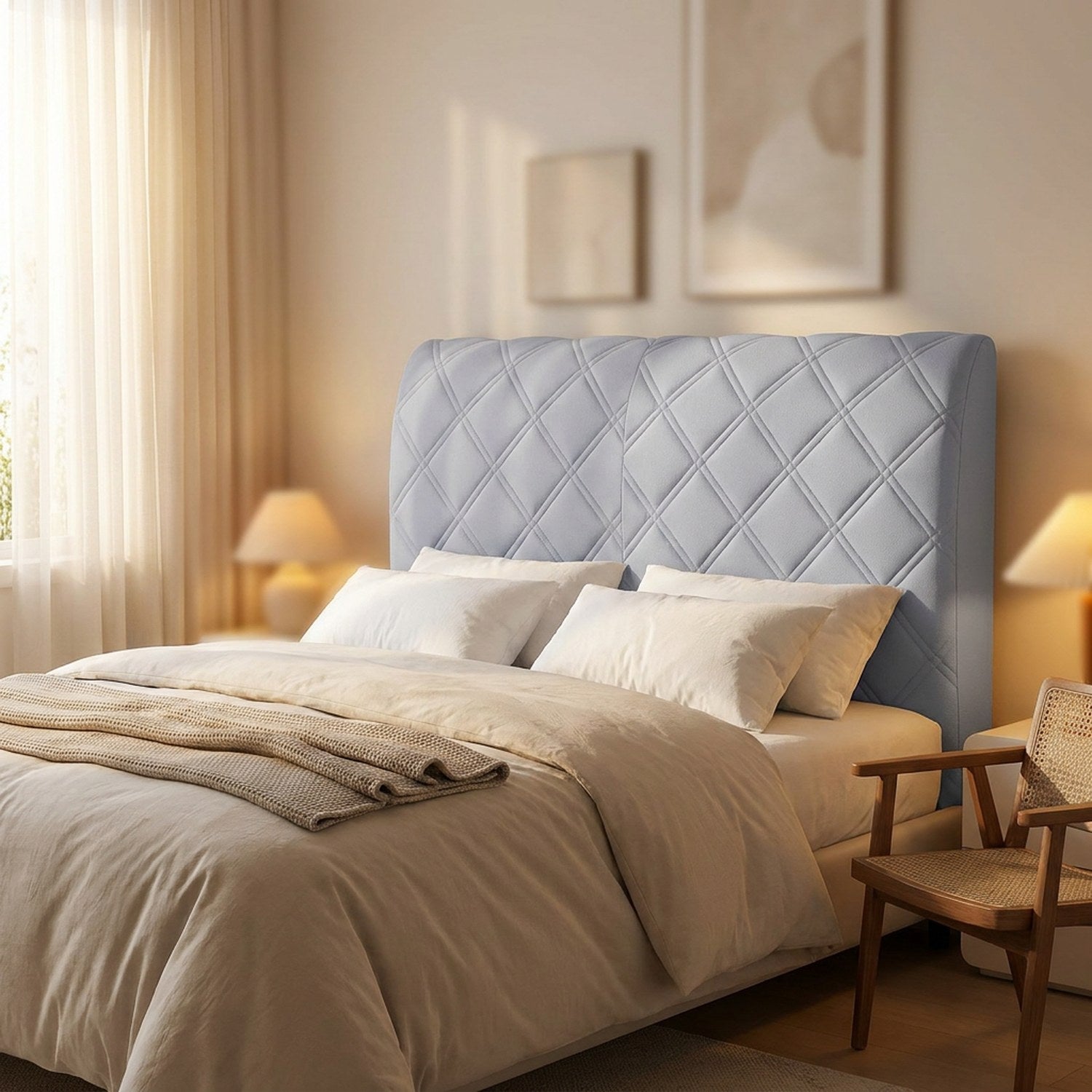 Housse de tête de lit grise dans une chambre chaleureuse avec fauteuil en bois