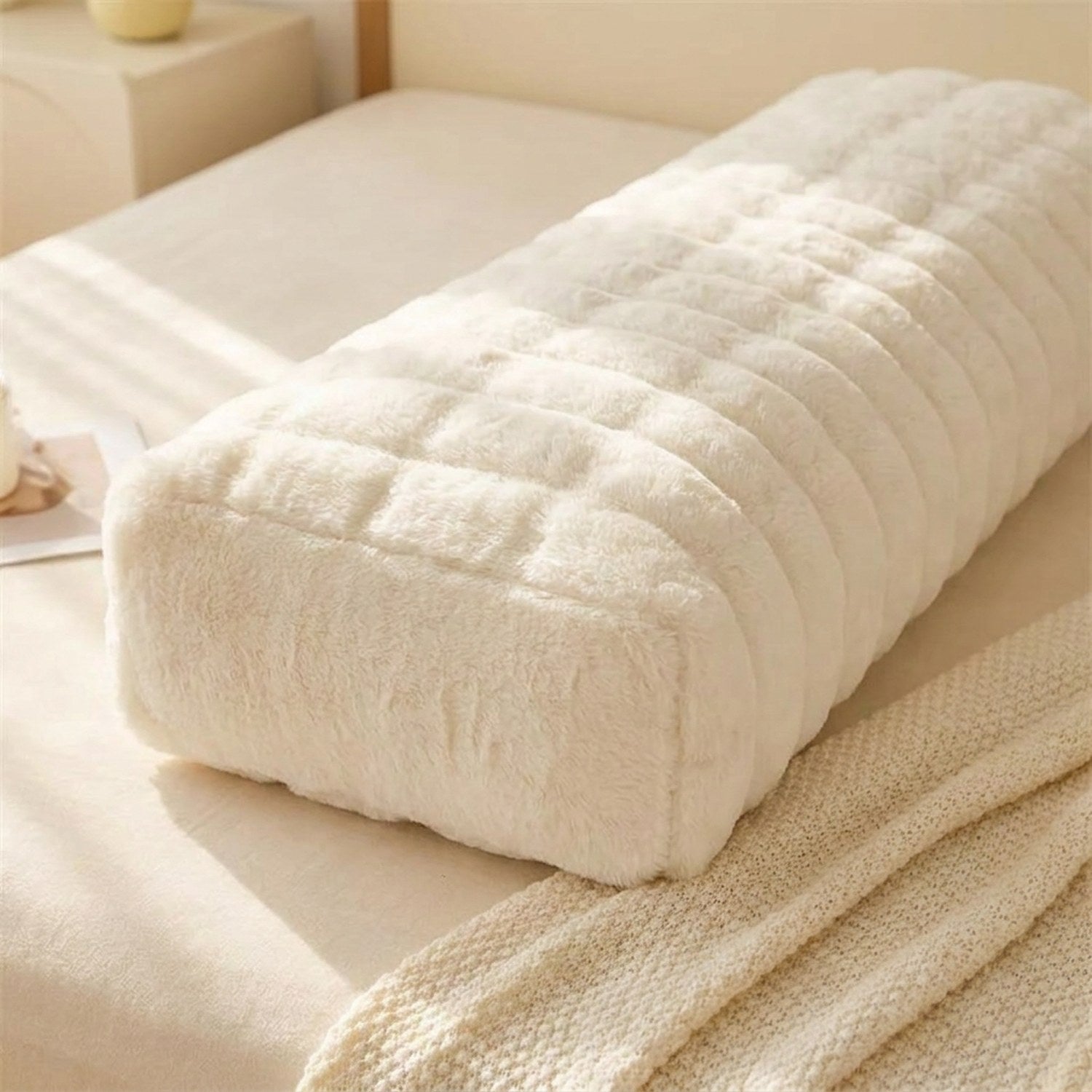 Gros plan sur la texture pelucheuse du traversin sur un lit