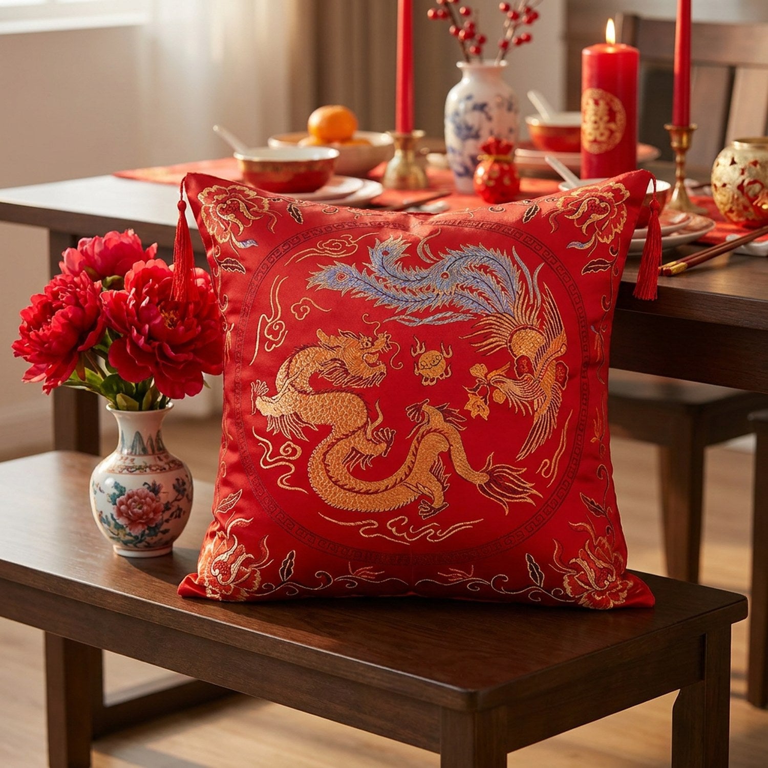 Housse de coussin brodée motif dragon et phénix posée sur un banc près d'une table dressée pour le nouvel an chinois