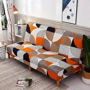 Détail de la housse de canapé-lit imprimé géométrique orange bien ajustée sans plis