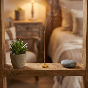 Bâtonnets encens sur étagère en bois ambiance zen