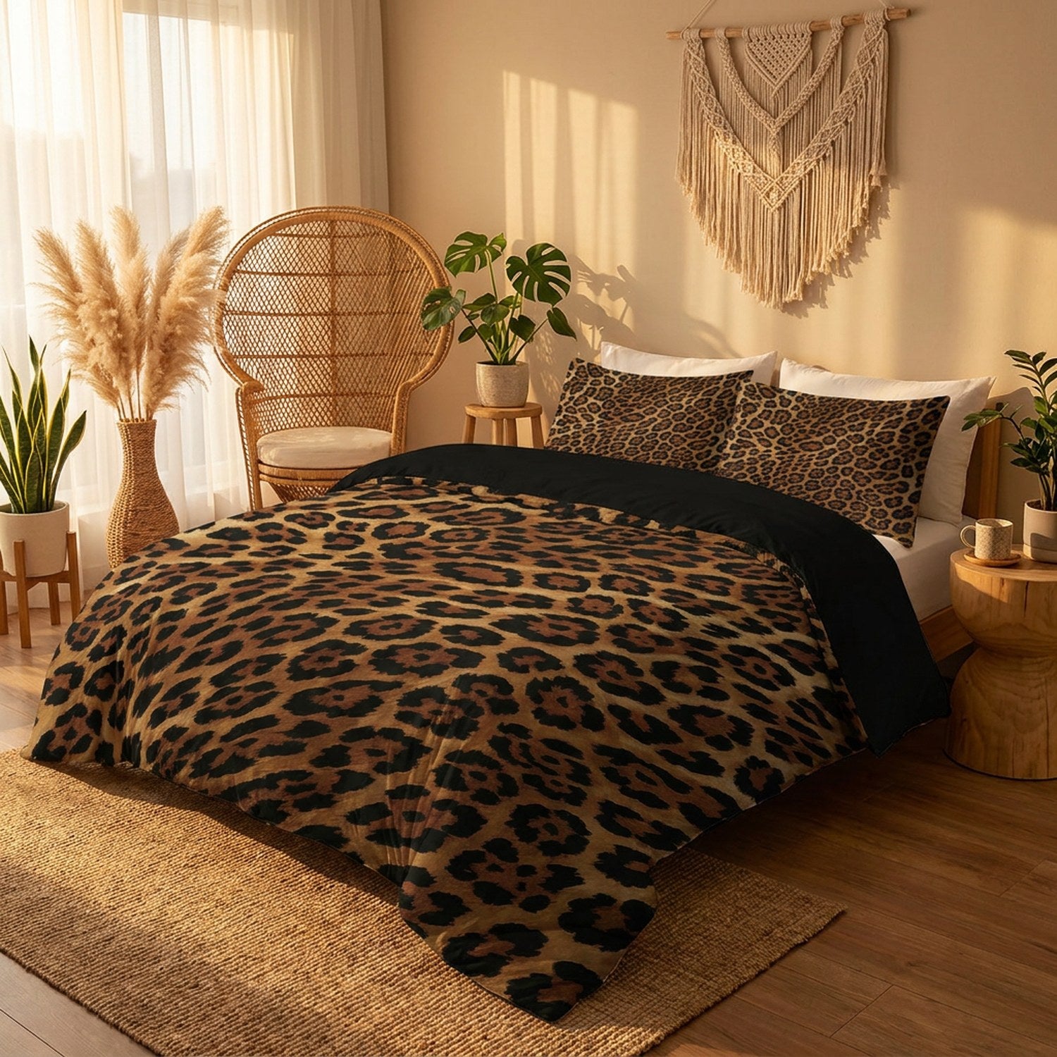 Parure de lit léopard marron dans une chambre bohème chic lumière dorée