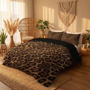 Parure de lit léopard marron dans une chambre bohème chic lumière dorée