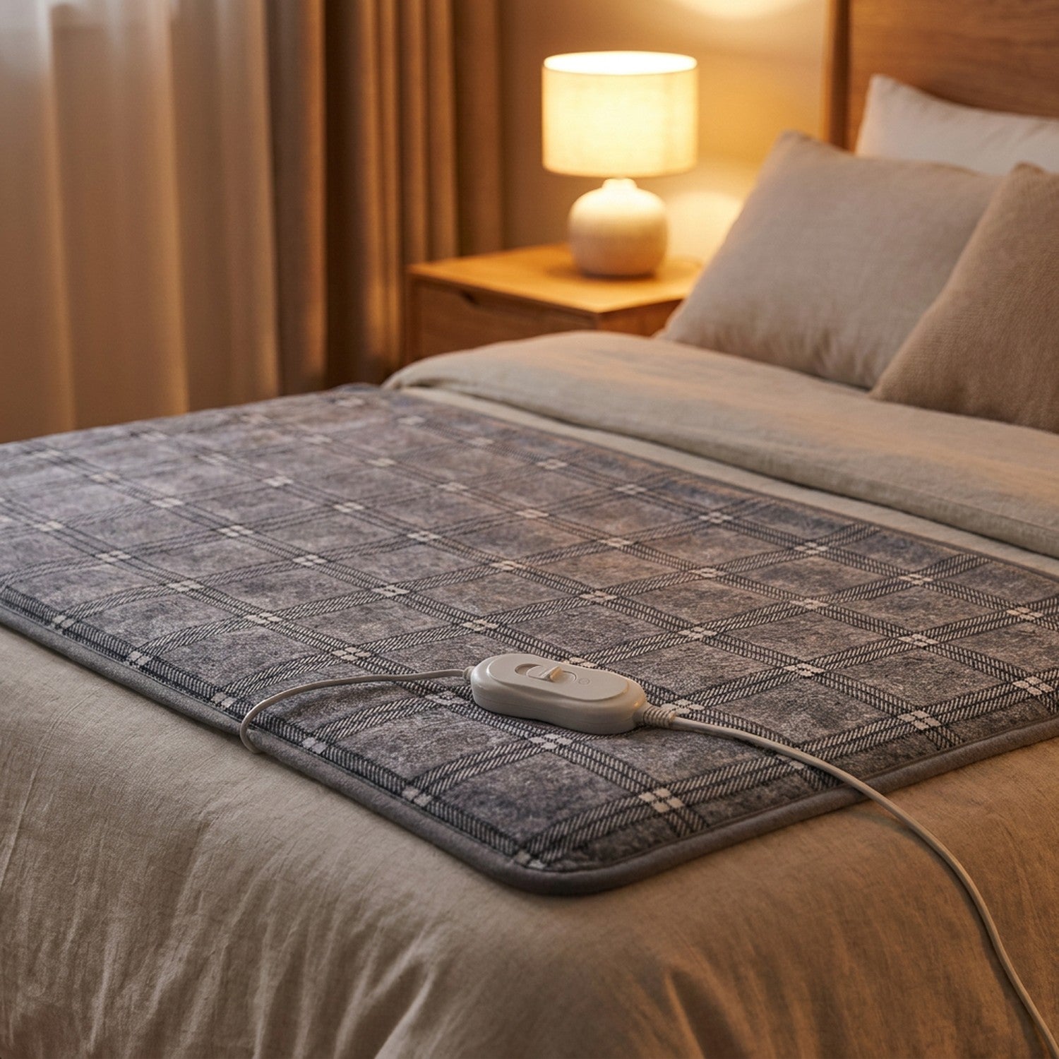 Couverture chauffante à carreaux gris étalée sur un lit avec sa commande et une lampe de chevet