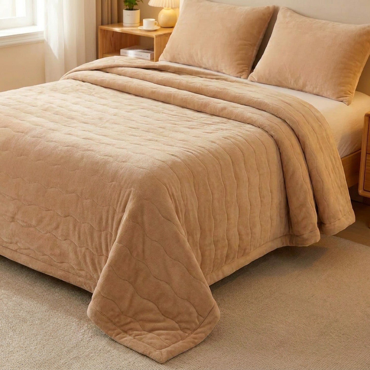 Couvre-lit matelassé beige drapé sur le coin d'un lit montrant le matelassage