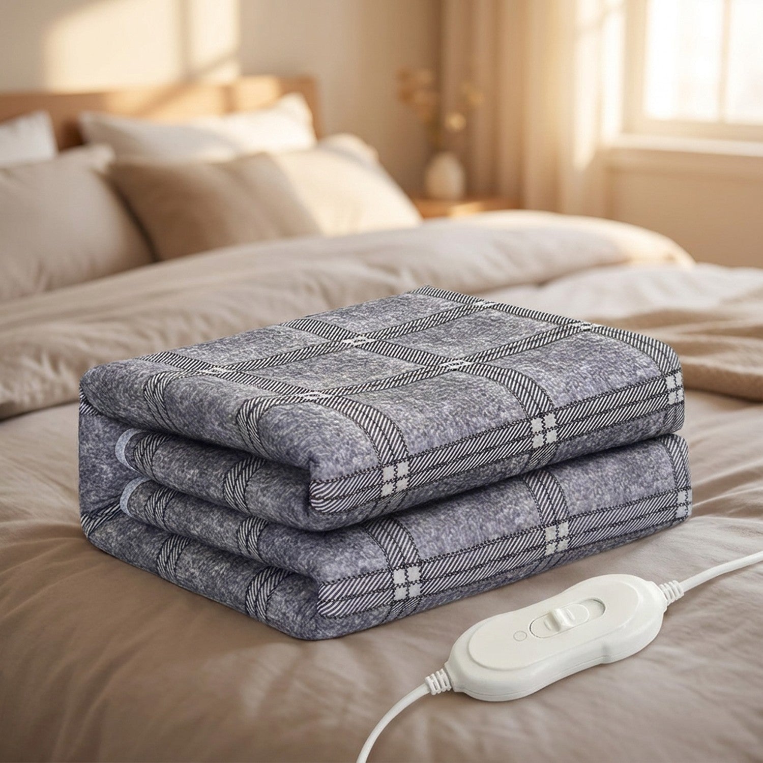Couverture chauffante à carreaux gris pliée sur un lit avec son boîtier de commande
