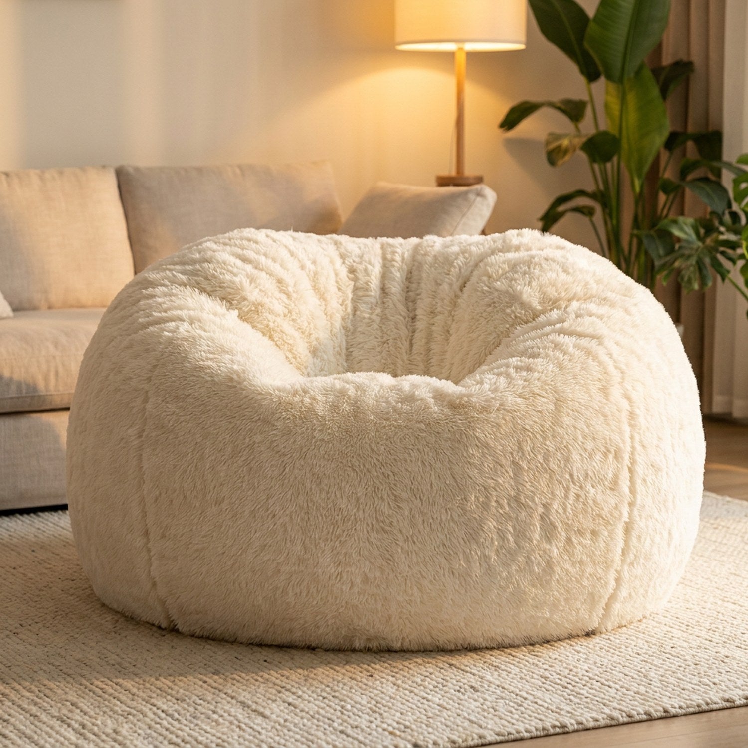 Pouf géant en fausse fourrure blanche dans un salon cosy avec lampe et plante