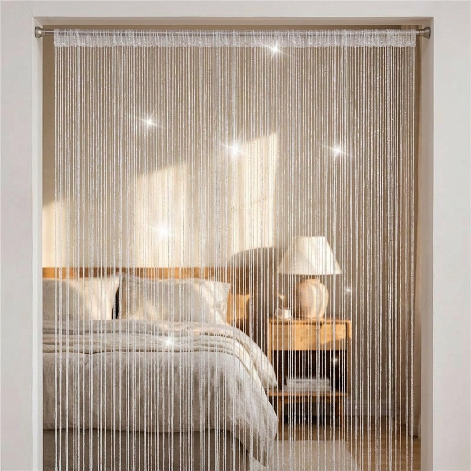 Rideau à fils pailleté suspendu dans l'entrée d'une chambre cosy